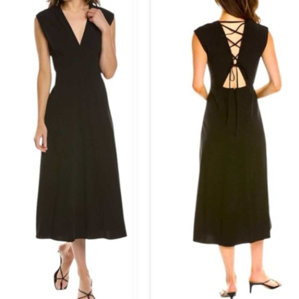 NWOT A.L.C. Amelie Black Cotton V-Neck Lace-Up Back Midi Dress Women’s Sz 8